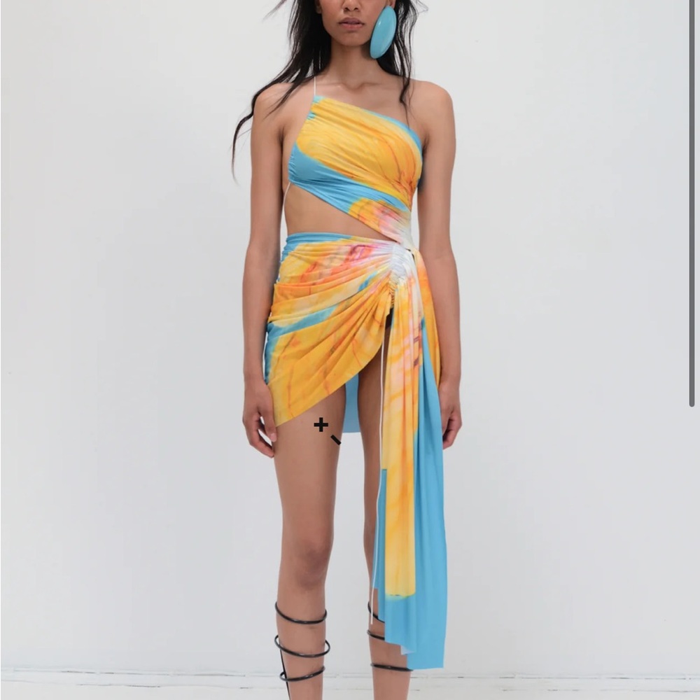 FAL ASH Signature mini floral dress in sky blue/tangerine - XS new with tags